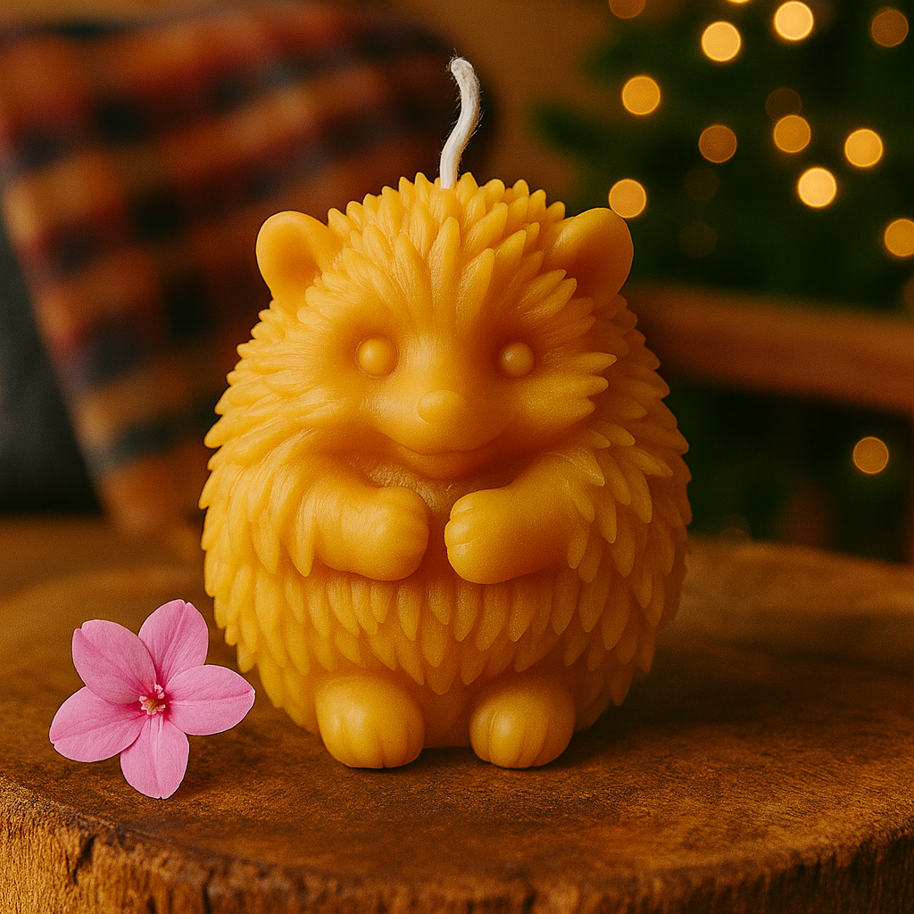 Bienenwachskeze Igel in weihnachtlichem Ambiente mit Blumendeko