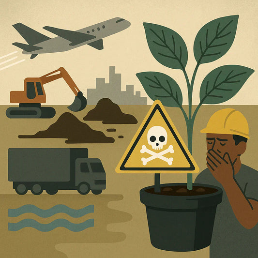 Illustration zur Schattenseite des Pflanzenkaufs: Flugzeug, LKW, Torfabbau, Wasserverbrauch, Pestizid-Warnschild und ein Arbeiter mit Atemschutz – symbolisieren Umweltbelastung und Ausbeutung in der globalen Pflanzenproduktion.
