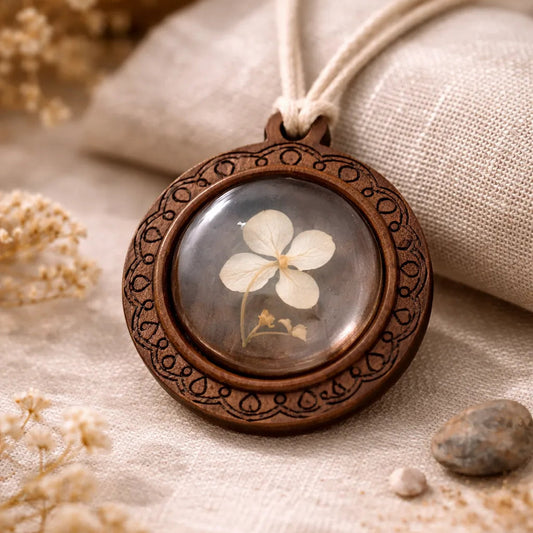 Holzanhänger Medaillon mit getrockneter weißer Ehrenpreis Blüte, boho Schmuck
