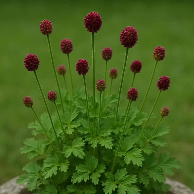 Pimpinelle (Sanguisorba minor), mit filigranem, gefiedertem Laub und kugeligen, grün-roten Blütenköpfen an zierlichen Stängeln.
